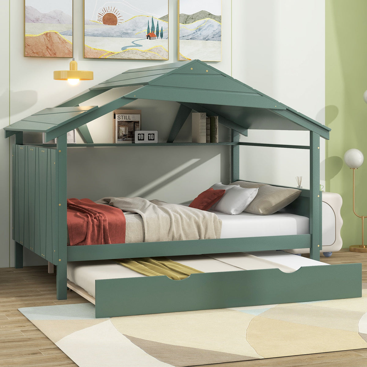 Wood Full Size House Bed with Storage and Twin Size Trundle