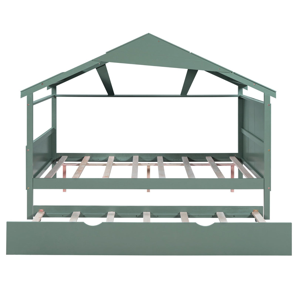 Wood Full Size House Bed with Storage and Twin Size Trundle