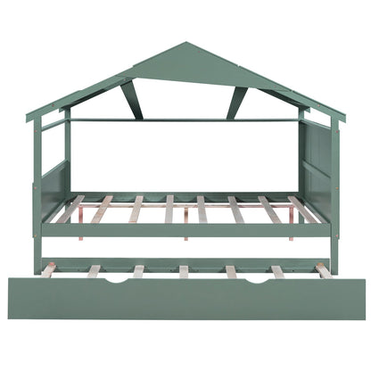 Wood Full Size House Bed with Storage and Twin Size Trundle