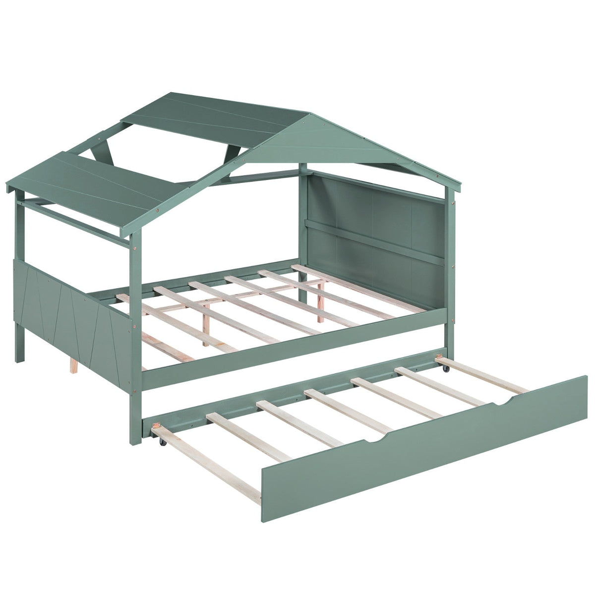 Wood Full Size House Bed with Storage and Twin Size Trundle