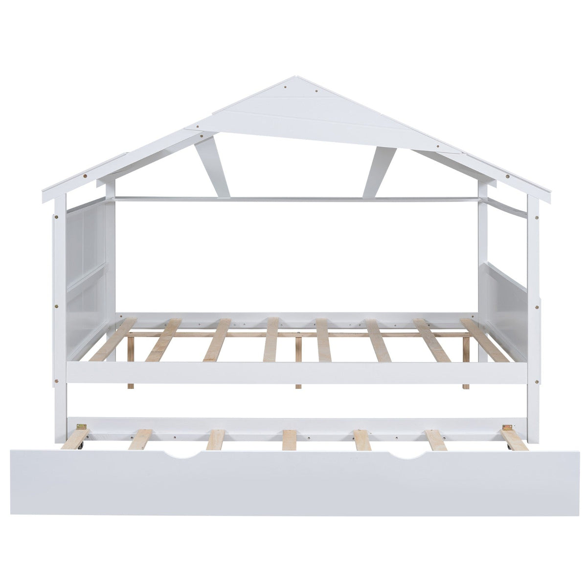 Wood Full Size House Bed with Twin Size Trundle and Storage