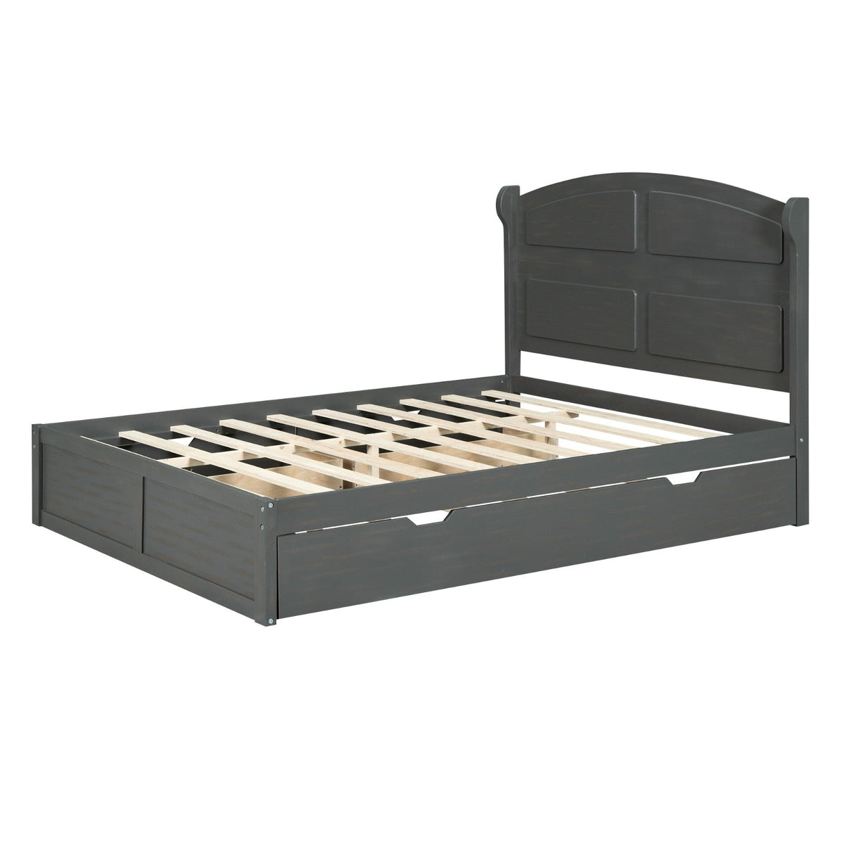 Wood Queen Size Platform Bed with Antique Twin Size Trundle and 2 Drawers