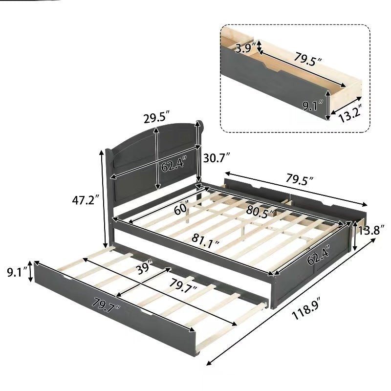 Wood Queen Size Platform Bed with Antique Twin Size Trundle and 2 Drawers