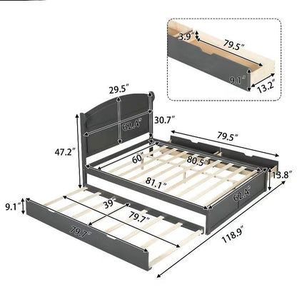 Wood Queen Size Platform Bed with Antique Twin Size Trundle and 2 Drawers