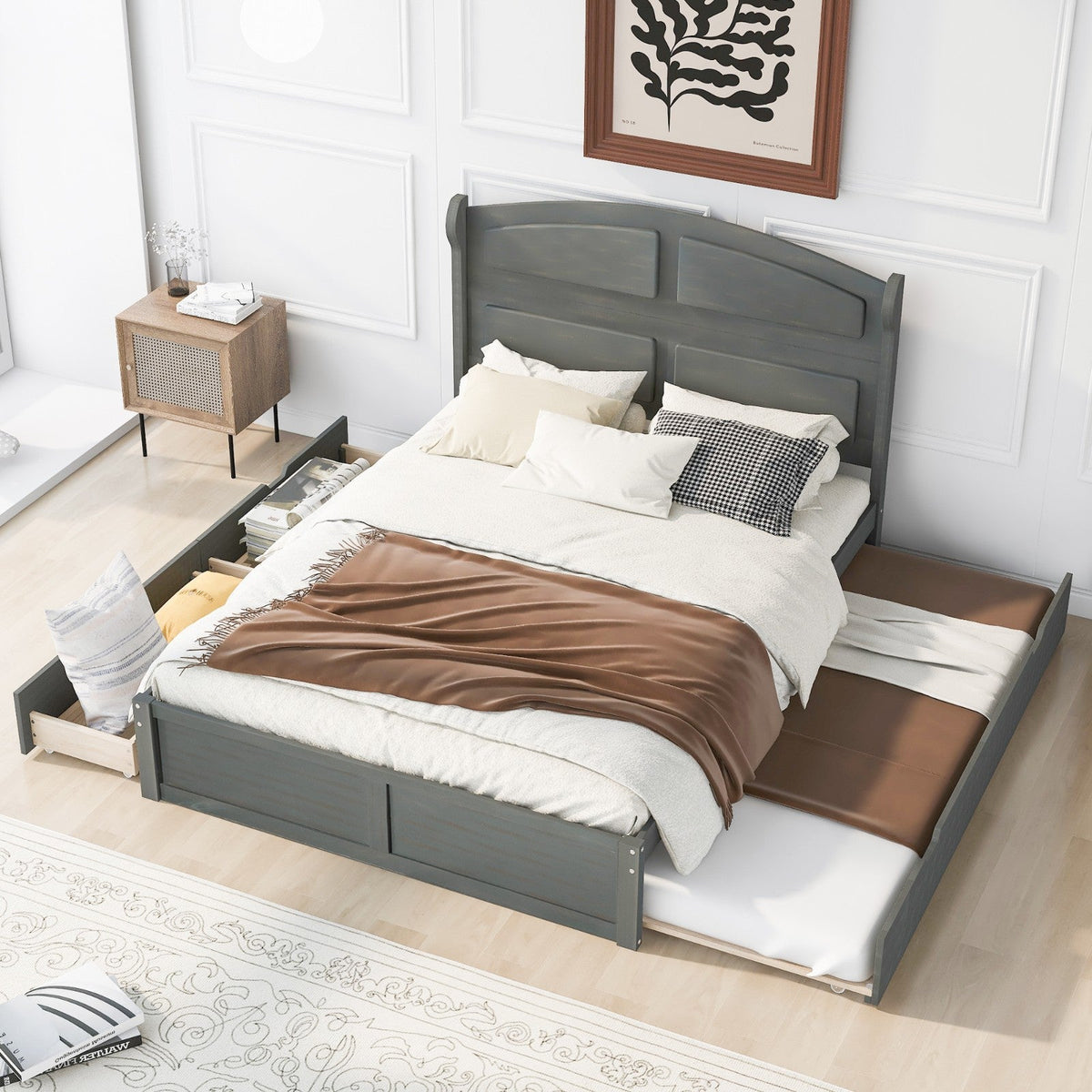 Wood Queen Size Platform Bed with Antique Twin Size Trundle and 2 Drawers