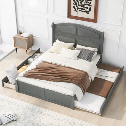 Wood Queen Size Platform Bed with Antique Twin Size Trundle and 2 Drawers