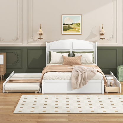 Wood Queen Size Platform Bed with Antique Twin Size Trundle and 2 Drawers