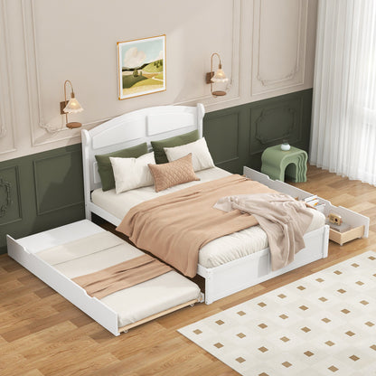 Wood Queen Size Platform Bed with Antique Twin Size Trundle and 2 Drawers
