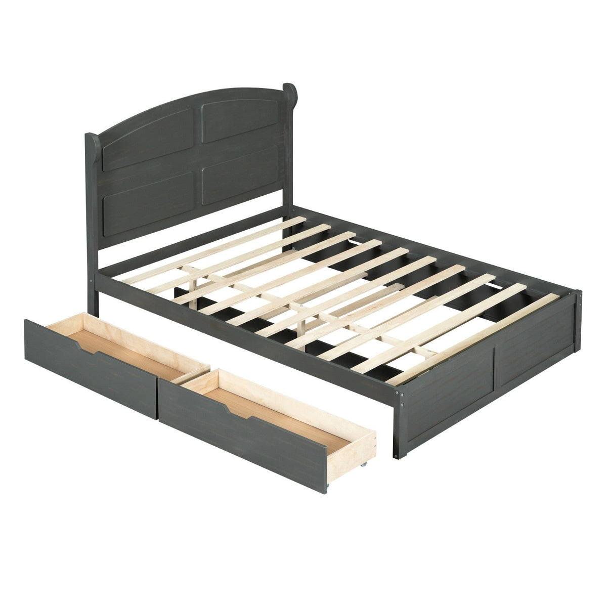 Wood Queen Size Platform Bed with Antique Twin Size Trundle and 2 Drawers