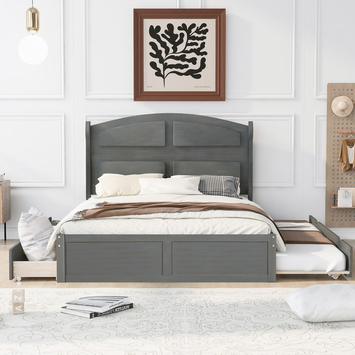 Wood Queen Size Platform Bed with Antique Twin Size Trundle and 2 Drawers