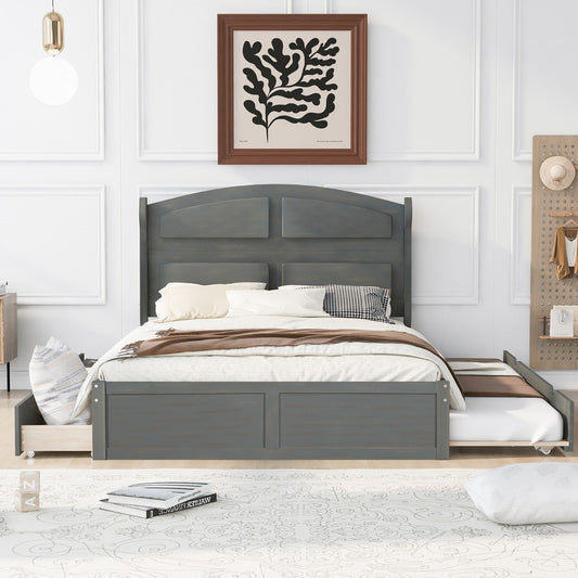 Wood Queen Size Platform Bed with Antique Twin Size Trundle and 2 Drawers