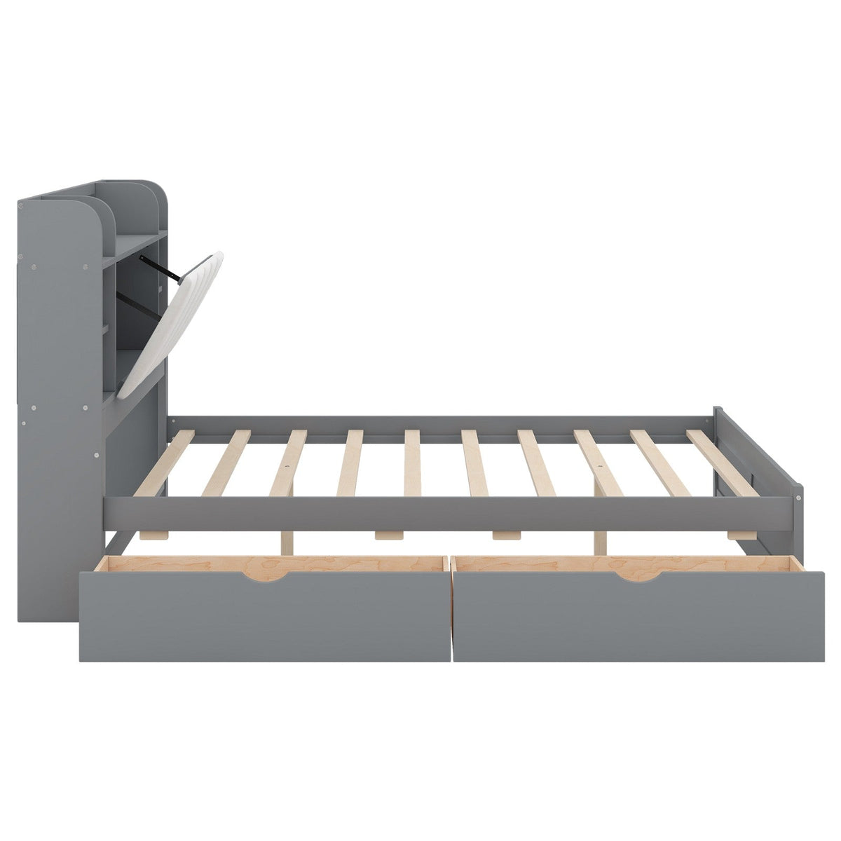 Wood Queen Size Platform Bed with Storage Headboard, Shelves, and 2 Drawers