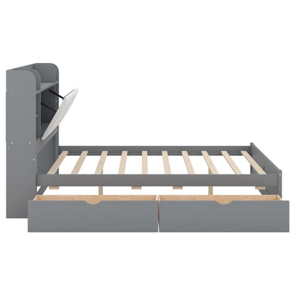 Wood Queen Size Platform Bed with Storage Headboard, Shelves, and 2 Drawers