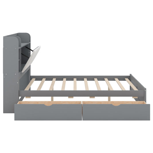 Wood Queen Size Platform Bed with Storage Headboard, Shelves, and 2 Drawers