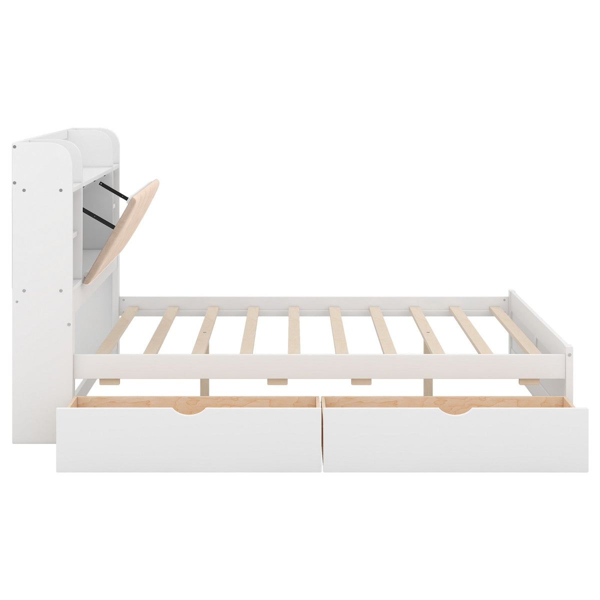Wood Queen Size Platform Bed with Storage Headboard, Shelves, and 2 Drawers