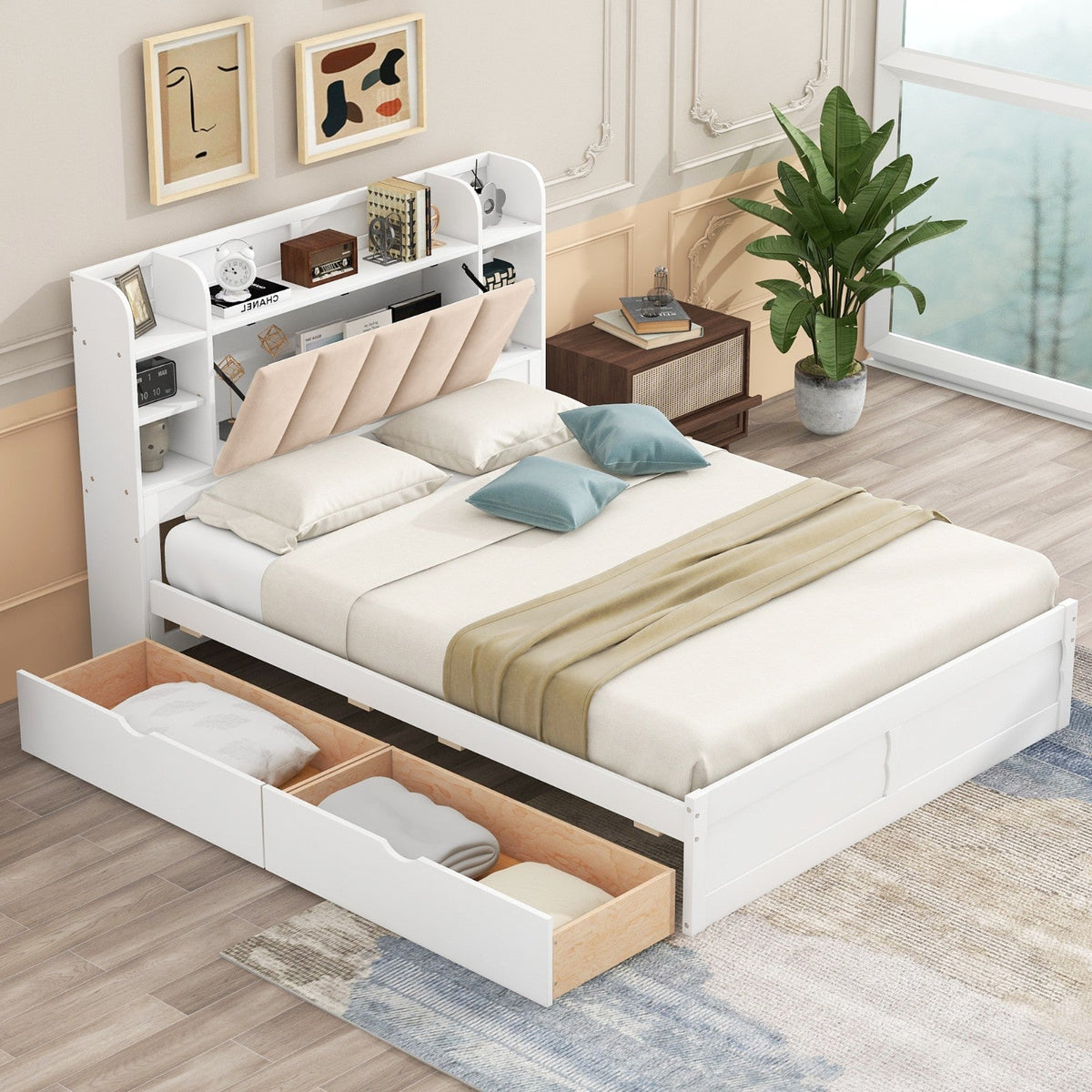 Wood Queen Size Platform Bed with Storage Headboard, Shelves, and 2 Drawers