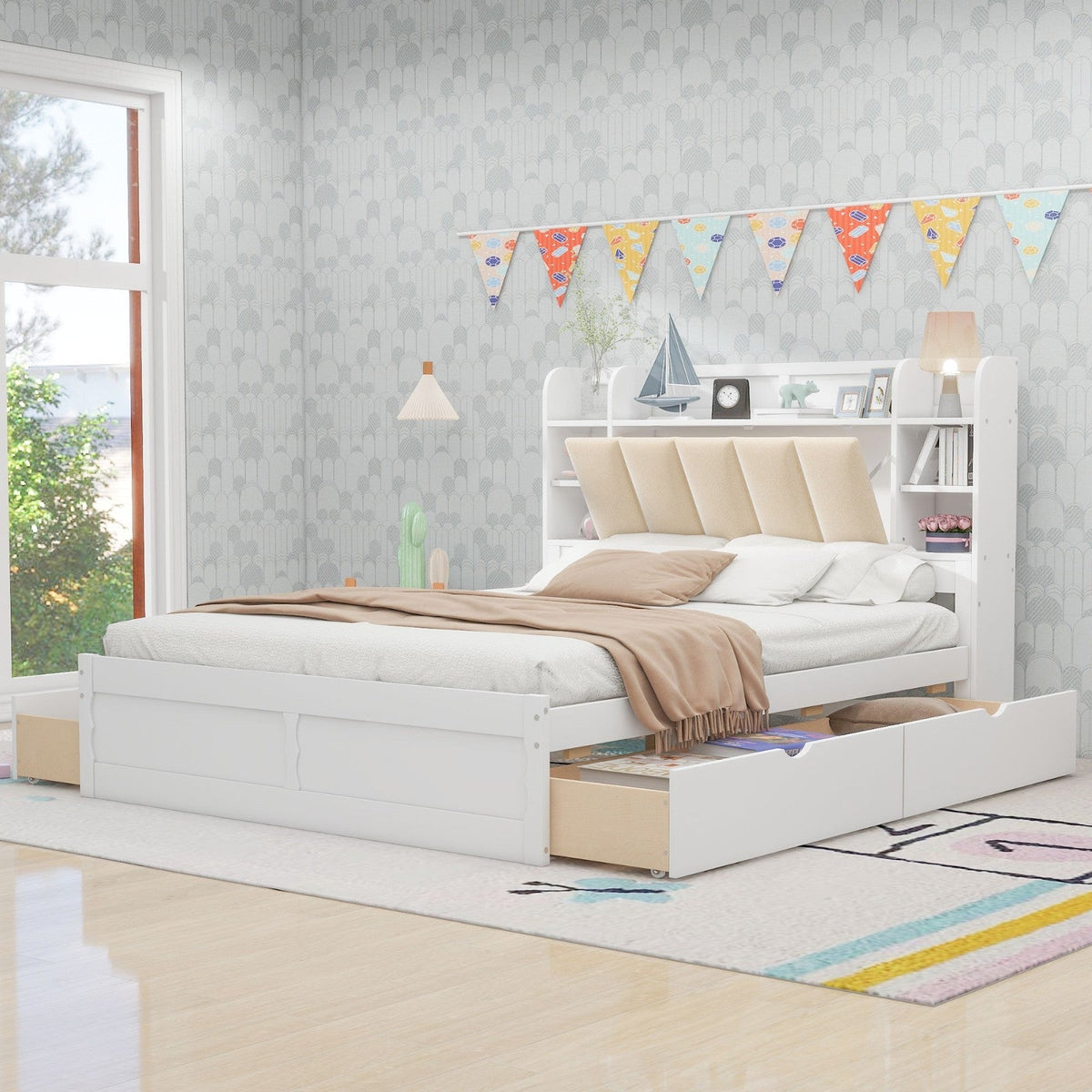 Wood Queen Size Platform Bed with Storage Headboard Shelves and 4 Drawers