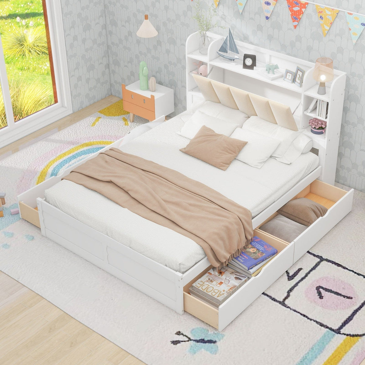 Wood Queen Size Platform Bed with Storage Headboard Shelves and 4 Drawers