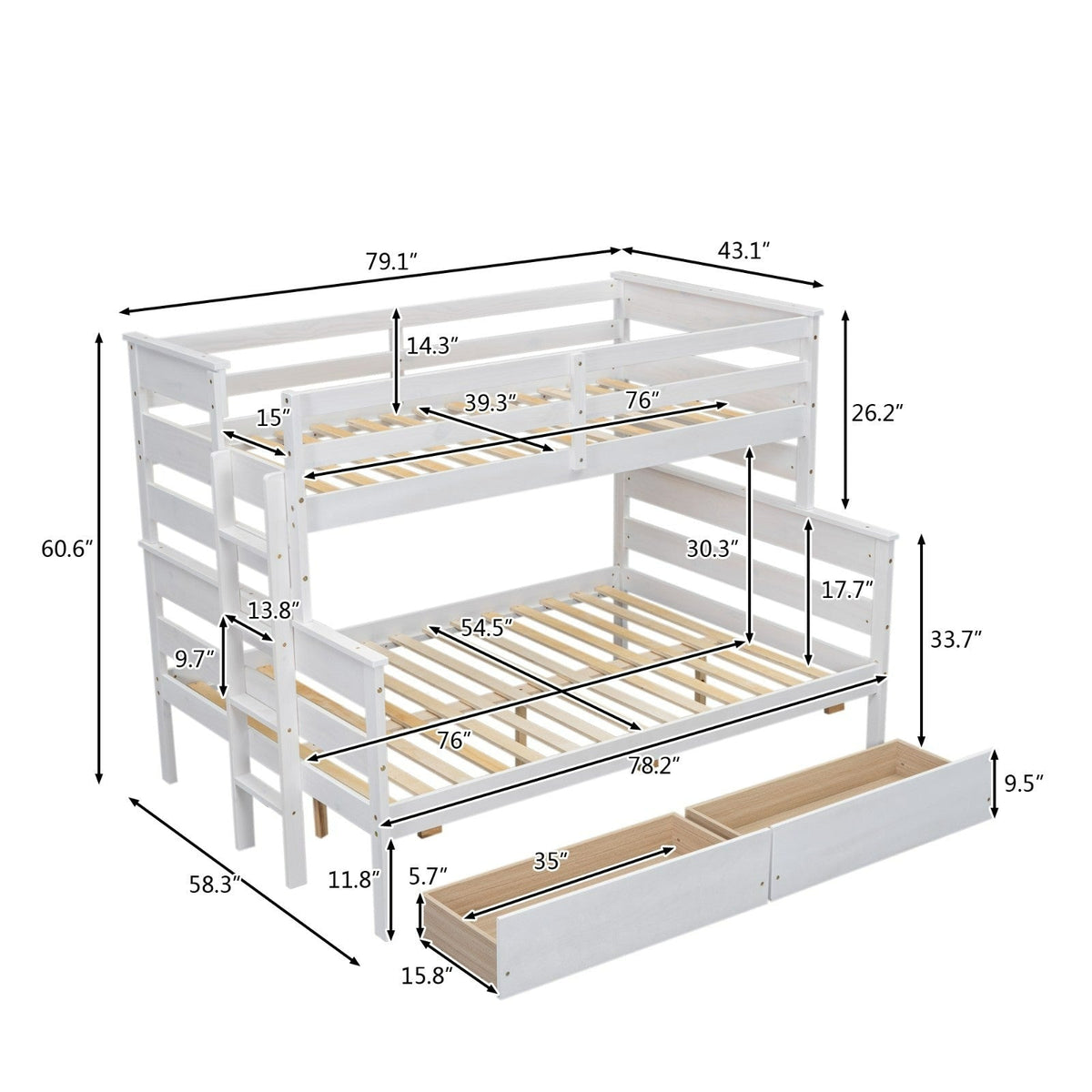 Wood Twin-over-Full Bunk Bed with 2 Drawers