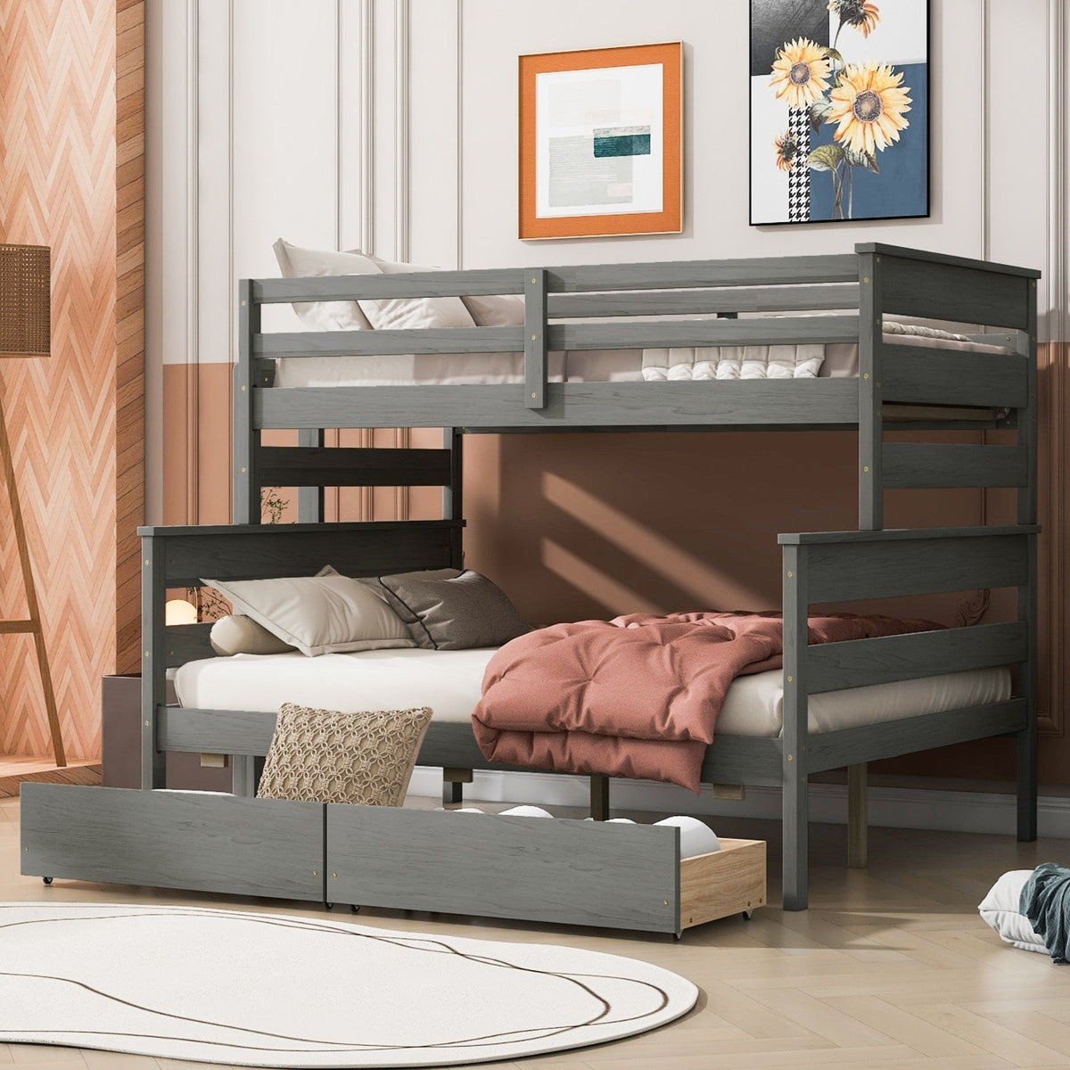 Wood Twin-over-Full Bunk Bed with 2 Drawers
