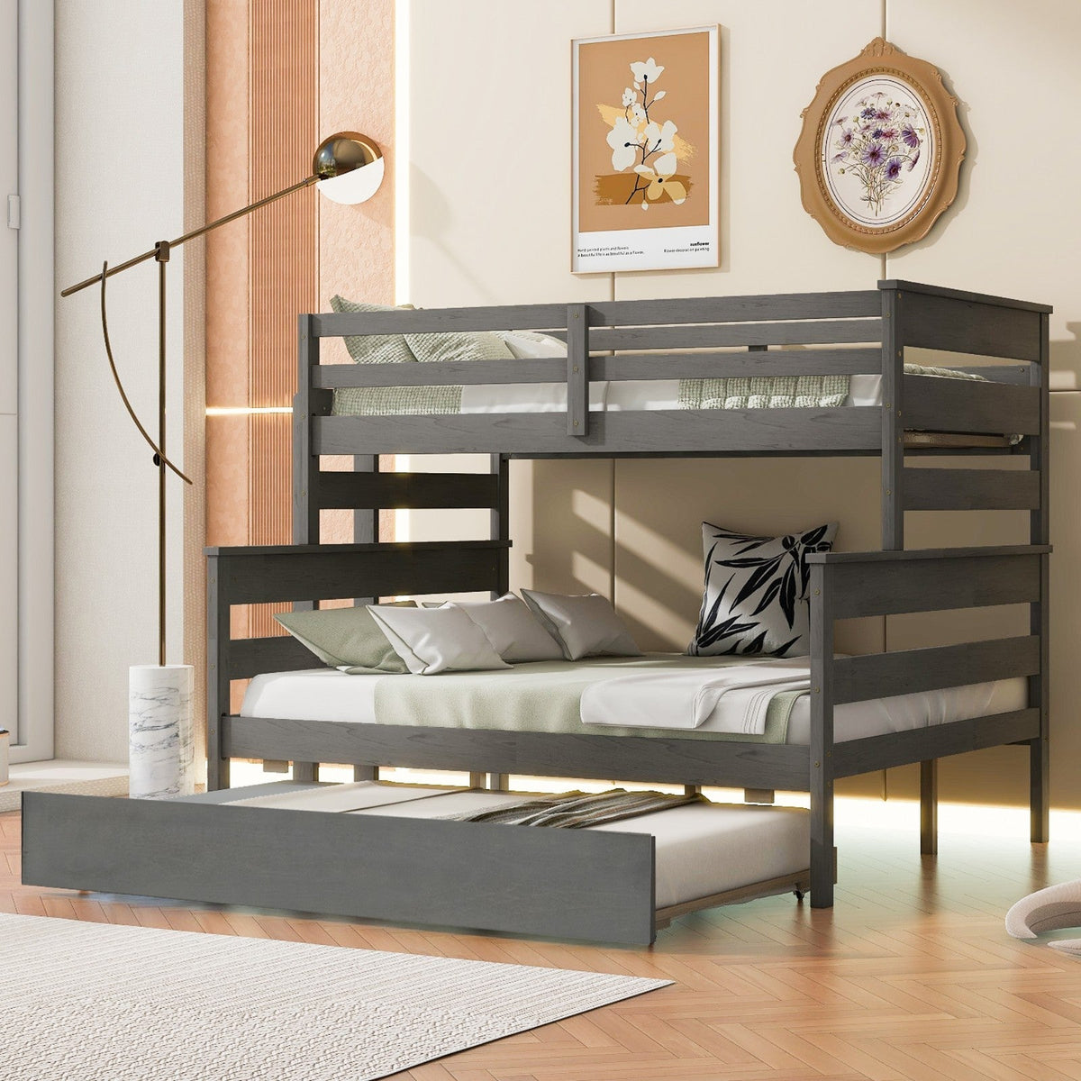 Wood Twin over Full Bunk Bed with Twin Size Trundle