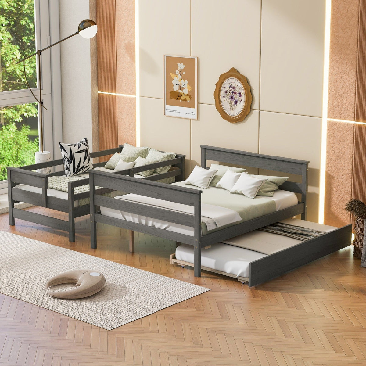 Wood Twin over Full Bunk Bed with Twin Size Trundle