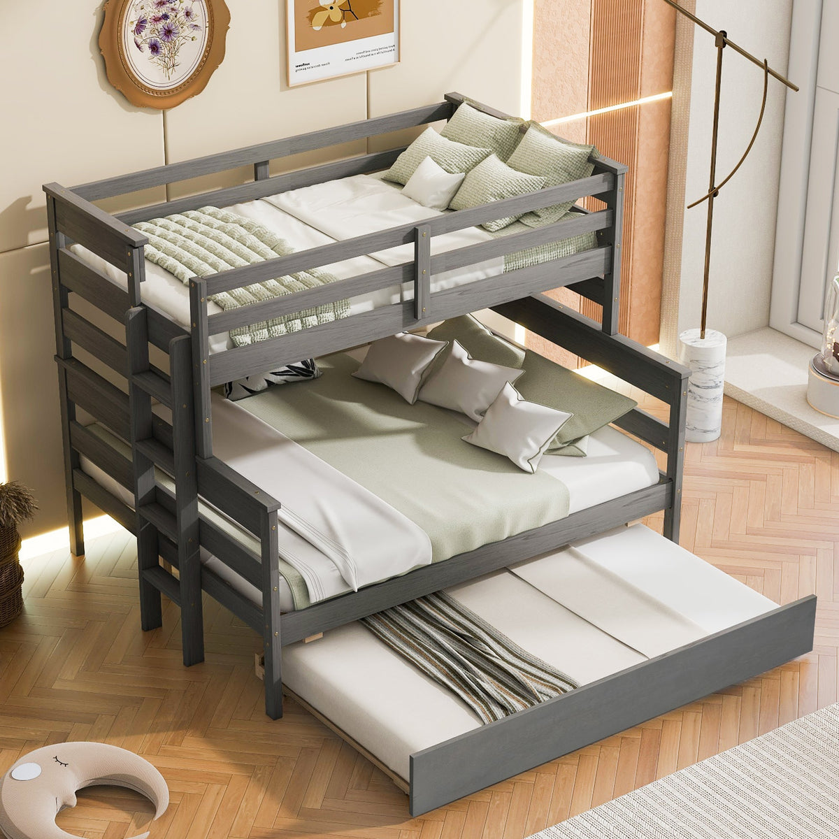 Wood Twin over Full Bunk Bed with Twin Size Trundle