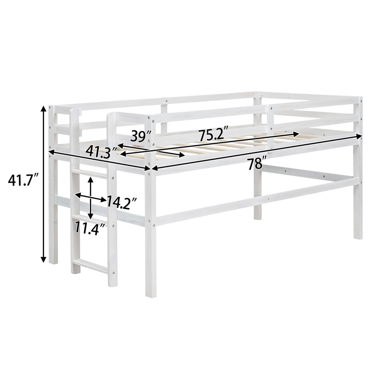 Wood Twin Size Loft Bed with Side Ladder