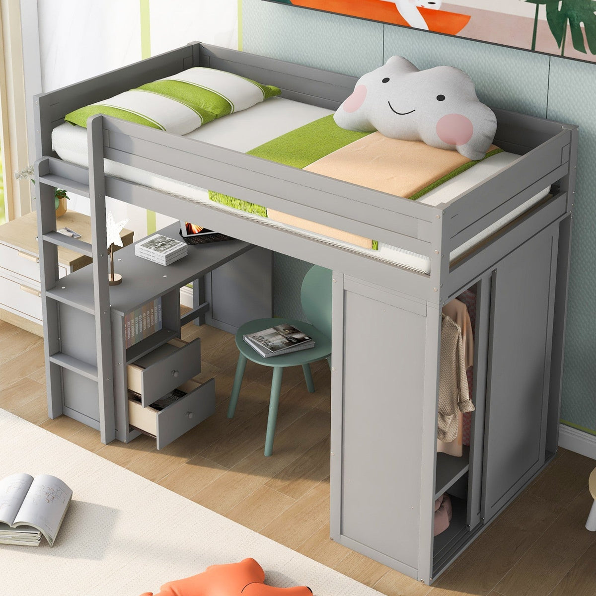 Wood Twin-Size Loft Bed with Wardrobes and 2-Drawer Desk with Cabinet