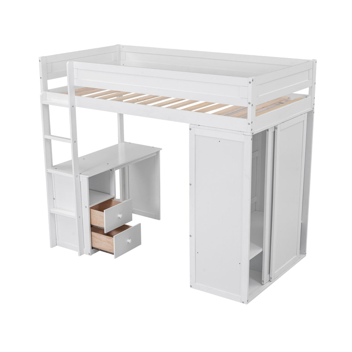 Wood Twin-Size Loft Bed with Wardrobes and 2-Drawer Desk with Cabinet
