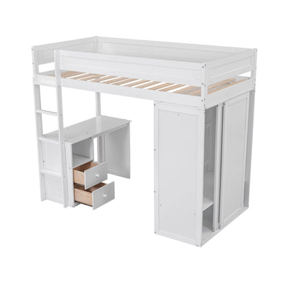 Wood Twin-Size Loft Bed with Wardrobes and 2-Drawer Desk with Cabinet