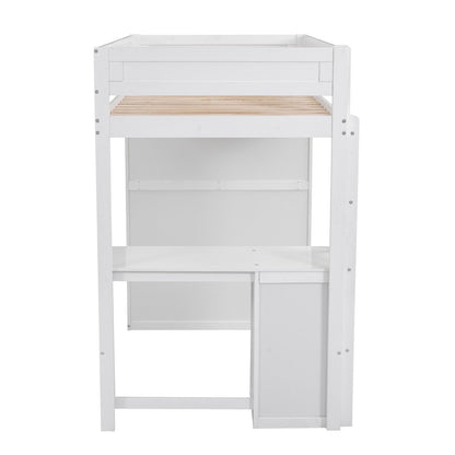 Wood Twin-Size Loft Bed with Wardrobes and 2-Drawer Desk with Cabinet