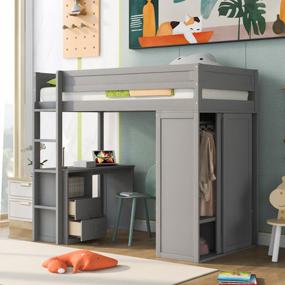 Wood Twin-Size Loft Bed with Wardrobes and 2-Drawer Desk with Cabinet