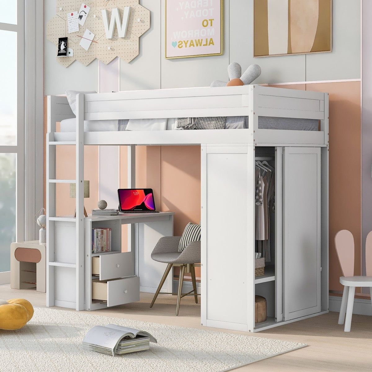 Wood Twin-Size Loft Bed with Wardrobes and 2-Drawer Desk with Cabinet