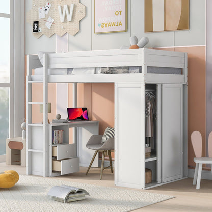 Wood Twin-Size Loft Bed with Wardrobes and 2-Drawer Desk with Cabinet