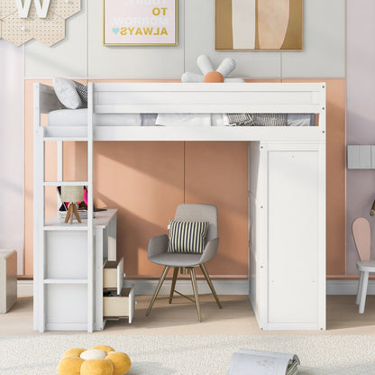 Wood Twin-Size Loft Bed with Wardrobes and 2-Drawer Desk with Cabinet