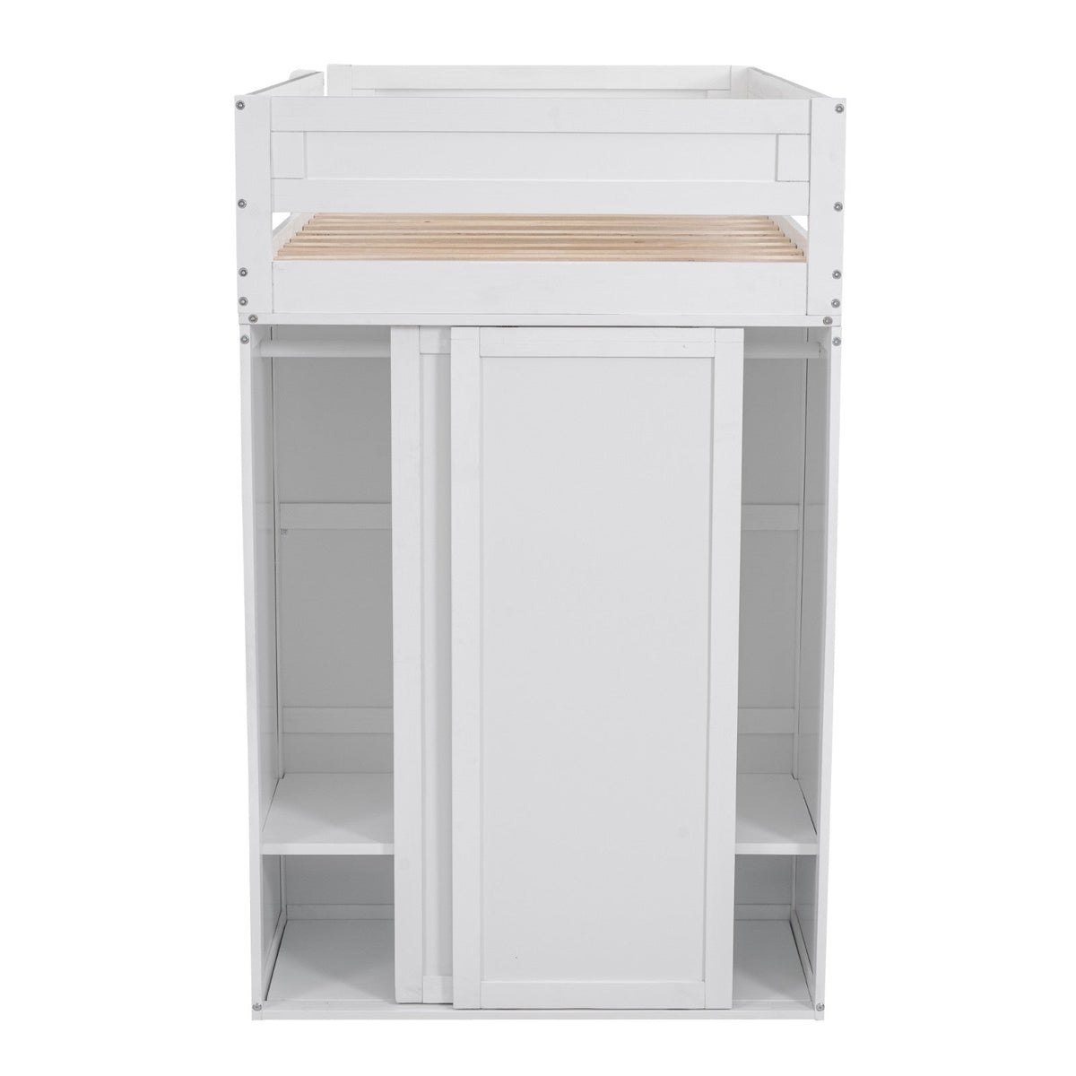 Wood Twin-Size Loft Bed with Wardrobes and 2-Drawer Desk with Cabinet