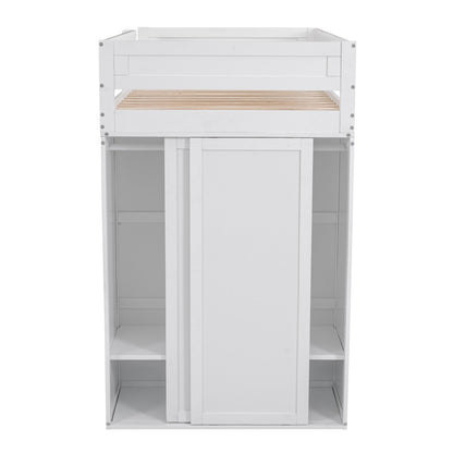 Wood Twin-Size Loft Bed with Wardrobes and 2-Drawer Desk with Cabinet