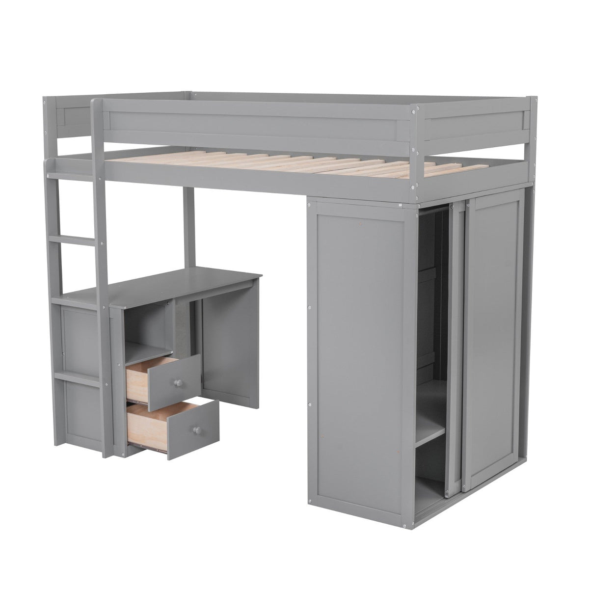 Wood Twin-Size Loft Bed with Wardrobes and 2-Drawer Desk with Cabinet