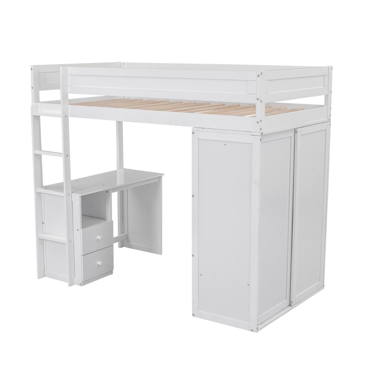 Wood Twin-Size Loft Bed with Wardrobes and 2-Drawer Desk with Cabinet
