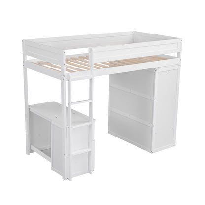 Wood Twin-Size Loft Bed with Wardrobes and 2-Drawer Desk with Cabinet
