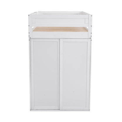 Wood Twin-Size Loft Bed with Wardrobes and 2-Drawer Desk with Cabinet