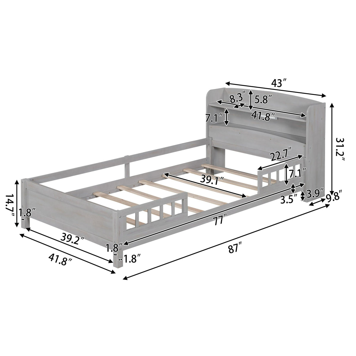 Wood Twin Size Platform Bed with Built-in LED Light, Storage Headboard, and Guardrail