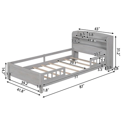 Wood Twin Size Platform Bed with Built-in LED Light, Storage Headboard, and Guardrail