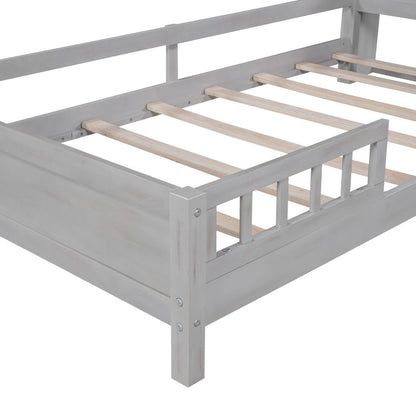 Wood Twin Size Platform Bed with Built-in LED Light, Storage Headboard, and Guardrail
