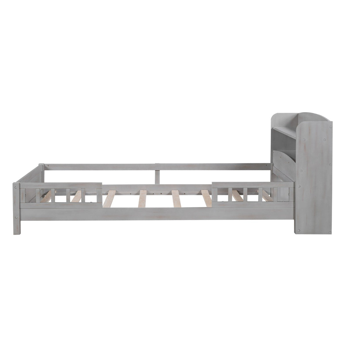 Wood Twin Size Platform Bed with Built-in LED Light, Storage Headboard, and Guardrail