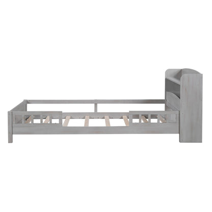 Wood Twin Size Platform Bed with Built-in LED Light, Storage Headboard, and Guardrail