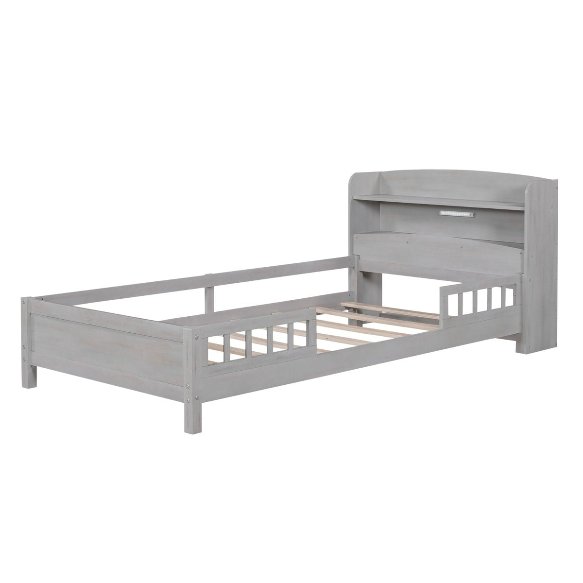Wood Twin Size Platform Bed with Built-in LED Light, Storage Headboard, and Guardrail