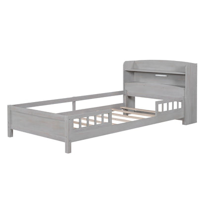 Wood Twin Size Platform Bed with Built-in LED Light, Storage Headboard, and Guardrail