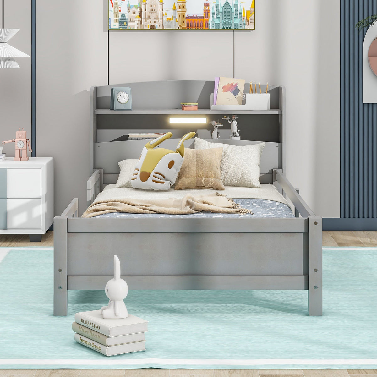 Wood Twin Size Platform Bed with Built-in LED Light, Storage Headboard, and Guardrail